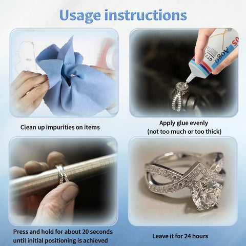 Steps showing how to use Clear Rhinestone Jewelry Glue For Jewelry Making, High Viscosity Bond, Waterproof, Ultra Strong Hold.