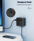 4-Outlet 4-USB Surge Protector With 5 Ft Extension Cord 900 Joules Overload Switch Grounded Mountable Desktop Charging Station For Home Office School Dorm Black mounted on wall