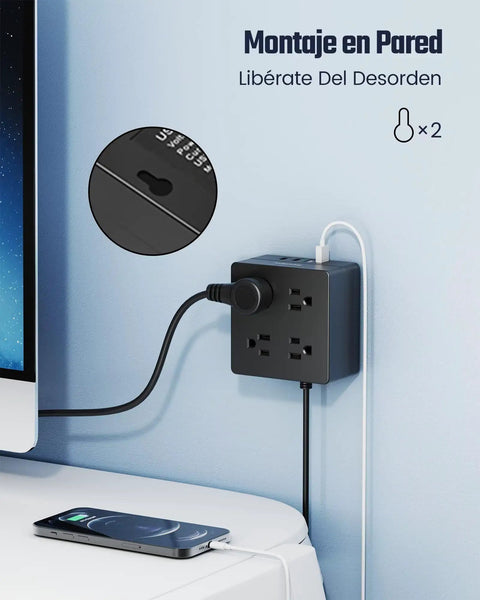 4-Outlet 4-USB Surge Protector With 5 Ft Extension Cord 900 Joules Overload Switch Grounded Mountable Desktop Charging Station For Home Office School Dorm Black mounted on wall