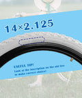 Two Pack Kids BMX Bike Tires 12.5 Inch By 2.125 Inch Replacement Set, tire detailing with size 14x2.125 and helpful tip shown