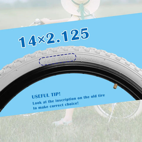 Two Pack Kids BMX Bike Tires 12.5 Inch By 2.125 Inch Replacement Set, tire detailing with size 14x2.125 and helpful tip shown