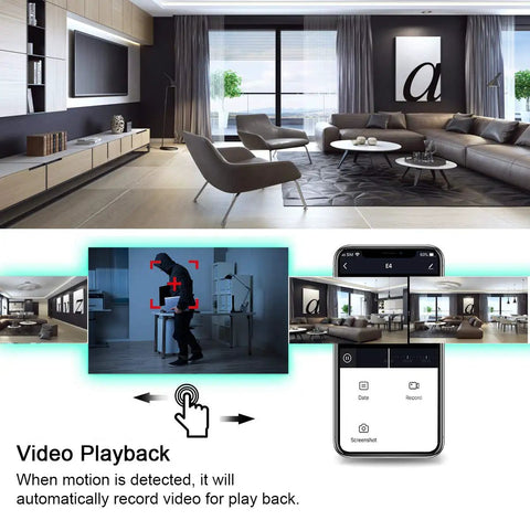 Wireless Security Camera E4 1080P HD Indoor WiFi Cam for home security app interface with video playback and motion detection alerts