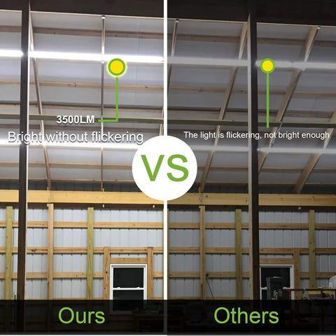 Comparison of 2 Ft LED Shop Light With 3500 Lumens And 6500K Super Bright White Linkable V Shape T8 Tube with others in a room.
