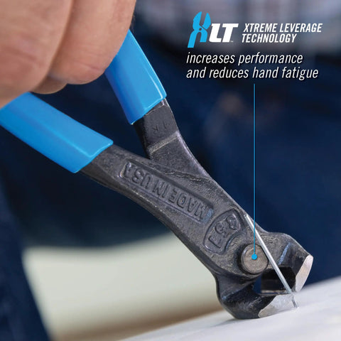 End Cutting Nipper Pliers Model 357 With High Leverage XLT Design Made In USA 7-Inch cutting wire close-up in use