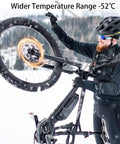 Cyclist in snow highlighting Two Bottle Pack Mineral Oil Brake Fluid for Shimano Tektro TRP Hydraulic Disc Brakes, wider temperature range.