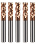 5 Pcs Carbide Square End Mills One Eighth Inch Shank 4 Flute CNC Milling Bits TiSiN Coated For Alloy Steel And Cast Iron HRC55