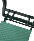 Close-up of Grab And Go Folding Garden Kneeler Bench With Foam Cushioned Kneeling Pad showing green pad and black sturdy frame.