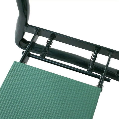Close-up of Grab And Go Folding Garden Kneeler Bench With Foam Cushioned Kneeling Pad showing green pad and black sturdy frame.