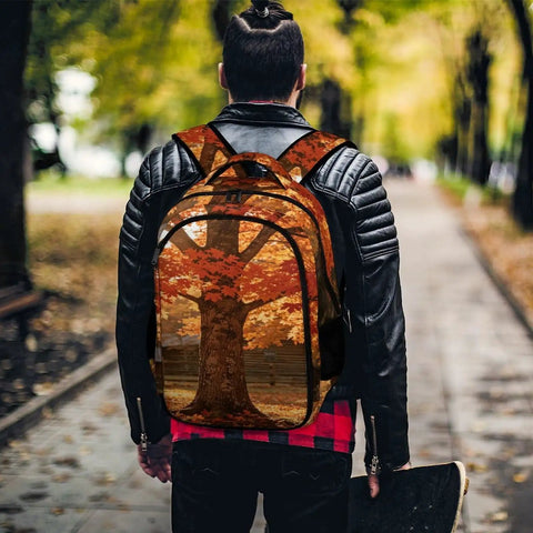 Autumn Red Maple Log Cabin Print Unisex Backpack With Large Capacity, Durable Polyester Build, Breathable Comfort