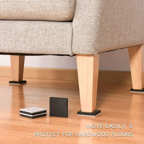Heavy Duty Felt Furniture Movers Sliders For Hardwood Floors Two Point Five Inch Square Reusable Glides under a couch on hardwood.