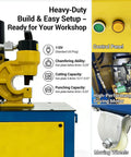 Professional Grade Heavy Duty 3 In 1 Hydraulic Iron Worker For Easy Steel Punching Chamfering And Cutting With Foot Pedal And Roll Casters For No Hassle Shop Builds 1500 Watt control panel showing capacities and motor details.