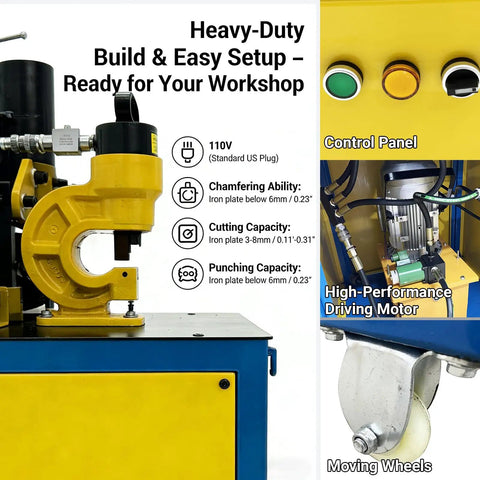 Professional Grade Heavy Duty 3 In 1 Hydraulic Iron Worker For Easy Steel Punching Chamfering And Cutting With Foot Pedal And Roll Casters For No Hassle Shop Builds 1500 Watt control panel showing capacities and motor details.