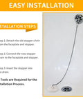 Easy installation steps for Heavy Duty Rubber Tub Stopper With Fifteen Inch Stainless Steel Beaded Chain Fits 1.5 To 2 Inch Drains.