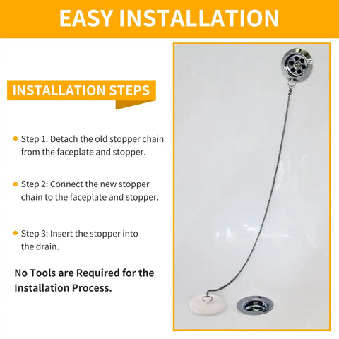 Easy installation steps for Heavy Duty Rubber Tub Stopper With Fifteen Inch Stainless Steel Beaded Chain Fits 1.5 To 2 Inch Drains.