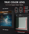 Panoramic 180 Degree Auto Darkening Welding Helmet lens with clear vision, showing solar panel and arc sensors details.