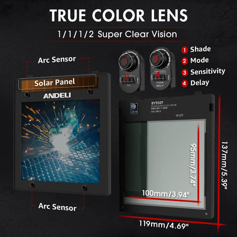 Panoramic 180 Degree Auto Darkening Welding Helmet lens with clear vision, showing solar panel and arc sensors details.
