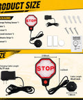 Precision LED Garage Parking Sensor With Adjustable Range And Bright Red Yellow Green Light Feedback For Dead Simple Car Stop And No Sweat Parking In Tight Spots, showing sizes and packaging details.