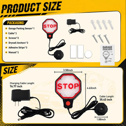 Precision LED Garage Parking Sensor With Adjustable Range And Bright Red Yellow Green Light Feedback For Dead Simple Car Stop And No Sweat Parking In Tight Spots, showing sizes and packaging details.