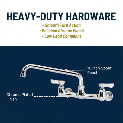 Beefy Heavy Duty Low Lead Wall Mount Faucet With 10 Inch Swing Spout For Commercial Kitchens 1.8 GPM Flow Chrome Plated NSF