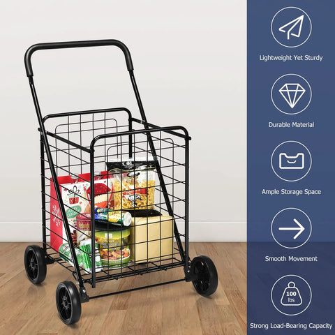 Beefed Up Folding Shopping Cart With Wheels For Groceries And Laundry Portable Collapsible Utility Cart with groceries inside