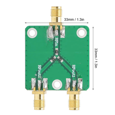 Built To Last Two Way RF Power Splitter PCB Board DC To Five Gigahertz Frequency Range With Six Decibel Attenuation, 33mm size.