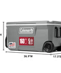 Side view of Insulated Rolling Cooler With Wheels That Keeps Ice For Days, Leak-Resistant Hard Ice Chest, 100-Quart Capacity, gray color with labels.
