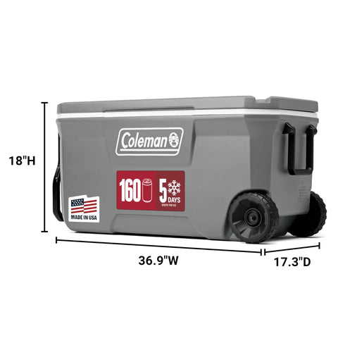 Side view of Insulated Rolling Cooler With Wheels That Keeps Ice For Days, Leak-Resistant Hard Ice Chest, 100-Quart Capacity, gray color with labels.