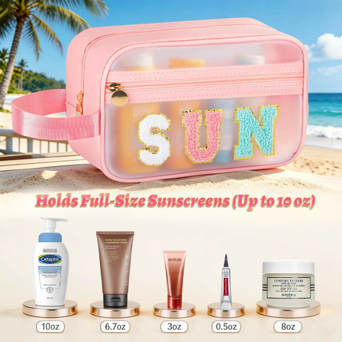 Clear SPF Sunscreen Bag With Handle For Beach And Pool, Waterproof See-Through Travel Toiletry And Makeup Bag on beach