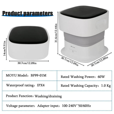 Ultra Portable Mini Washing Machine With Foldable Design And Spin Dryer Lightweight Washer For Travel RV Life Apartments Camping Dorms Perfect For On The Go Underwear Kids Clothes Pets And Small Loads showing dimensions and specs on white background