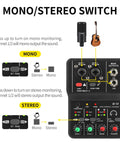 Diagram of USB Audio Interface For PC With XLR And 3.5mm Microphone Jack For Home Studio Recording, highlighting mono/stereo switch.