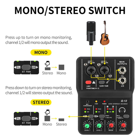 Diagram of USB Audio Interface For PC With XLR And 3.5mm Microphone Jack For Home Studio Recording, highlighting mono/stereo switch.