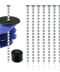 Six Inch Spiral Landscape Stakes 100 Pack With Gasket Heavy Duty Galvanized Metal Garden Stakes For Artificial Grass Weed Barrier Fabric Floor Mat And More visible with glove holding one stake.