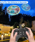 Hands controlling Dope Kid Friendly RC UFO Airplane with 2.4GHz Remote, flying outdoors at night, showcasing 360 flip capabilities.