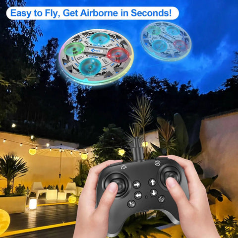 Hands controlling Dope Kid Friendly RC UFO Airplane with 2.4GHz Remote, flying outdoors at night, showcasing 360 flip capabilities.