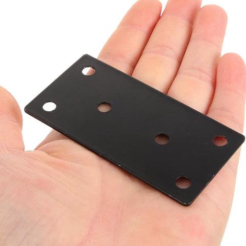 Hand holding a Stainless Steel Flat Mending Plate, Black Finish from 2 Pack Breakage Resistant Easy Install for Cupboard Support and Furniture Repair