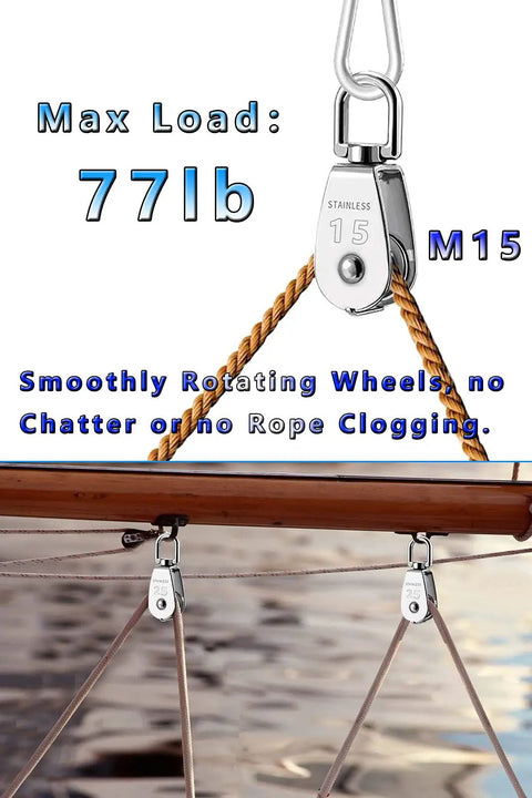 Beefed Up 304 Stainless Steel Pulley Block Set Of 3 With 360 Degree Swivel M15 Cable Pulleys For Rope Up To 0.24 Inch Built Tough Anti Rust Handles Up To 77 Lbs Each, 77 lb max load