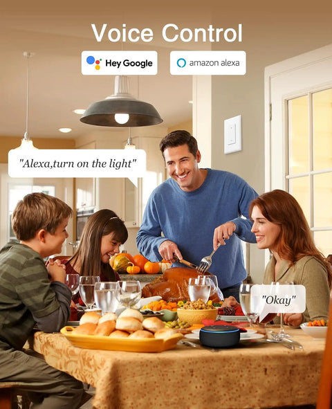 Family using WiFi Smart Light Switch For Alexa And Google Home, Single Pole, Neutral Wire Required, 2.4Ghz WiFi, App Control
