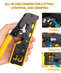 Pro Grade RJ45 Crimp Tool Pass Through Kit With Built-In Tester for cutting, stripping, and crimping Cat5-Cat8 cables in hand