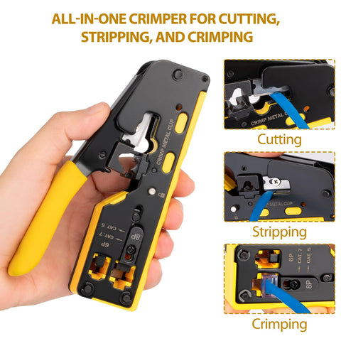 Pro Grade RJ45 Crimp Tool Pass Through Kit With Built-In Tester for cutting, stripping, and crimping Cat5-Cat8 cables in hand