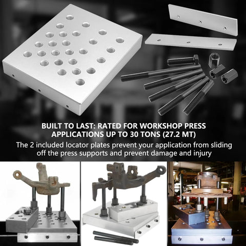 Universal Drill Press Support Block Plate Tool Set Kit For 30 Ton Capacity Bearing And Bushing Repair Removal And Installation, showing components and usage examples.