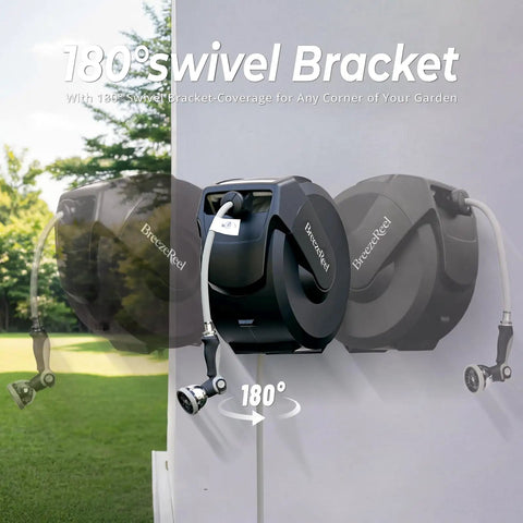 Retractable Garden Hose Reel One Half Inch By One Hundred Feet, Heavy Duty Three Ply Reinforced Hose, 180° swivel bracket
