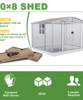 10x8 Foot Outdoor Storage Shed With Large Window Durable Metal Construction Sloped Roof Air Vents And Two Lockable Sliding Doors Perfect Backyard Organization For Tools Ladders Garden Gear Brown, shown with packaging and assembly details