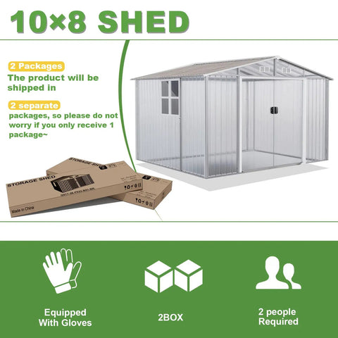 10x8 Foot Outdoor Storage Shed With Large Window Durable Metal Construction Sloped Roof Air Vents And Two Lockable Sliding Doors Perfect Backyard Organization For Tools Ladders Garden Gear Brown, shown with packaging and assembly details