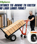 Beefy Aluminum 4 In 1 Convertible Hand Truck Dolly With Four Smooth Wheels and Heavy Duty Frame loaded with boxes, features tie-downs for secure hauling.