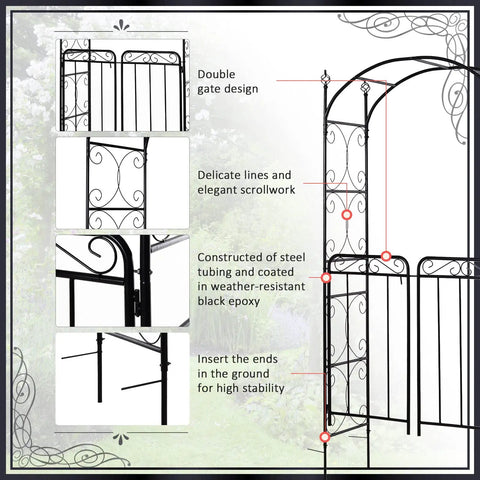 84 Inch Garden Arch Arbor With Gate And Metal Trellis Archway For Climbing Vines Wedding Ceremony Decor Elegant Flourishes And Arrow Tip Finials Lockable Gate Black, close-up of metal design details and assembly features