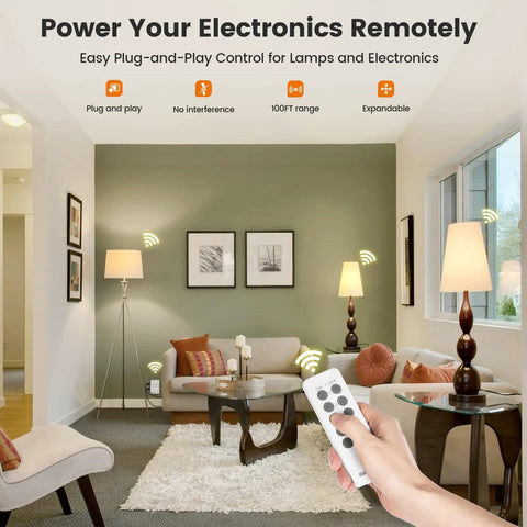 Living room setting showing Expandable Indoor Remote Control Outlet With Five Outlets And Two Remotes, Wireless Light Switch in use.