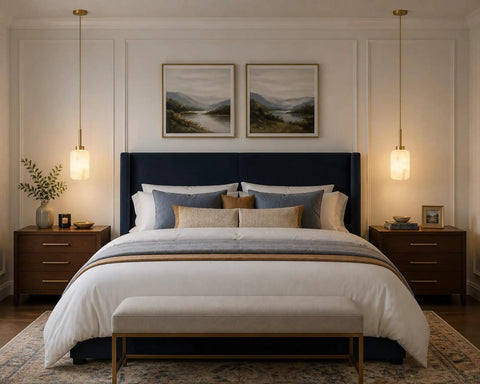 Karjearl Alabaster Pendant Lights Kitchen Island, Modern Gold Hanging Light over a bed in a stylish bedroom setting.
