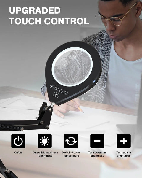 Man using Illuminated 10X And 5X Magnifier With Dimmer Lamp, 10 Level Brightness, 5 Color Handy Desktop Clamp Magnifier for crafting.