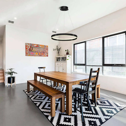 Slick Modern LED Chandelier With Remote Control, 60W Black Ring Ceiling Light in a dining room, 3000K to 6000K dimmable.