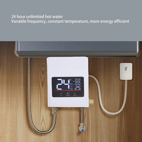 No Drama On Demand Hot Water Tankless Electric Water Heater With Slick Lcd Touchscreen US Plug 110 Volt Compact Setup showing LCD display and brass fittings.